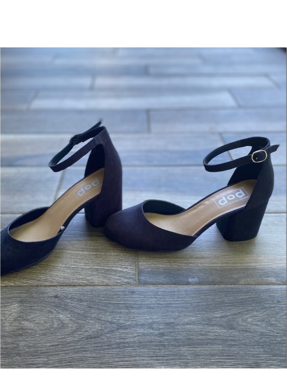 Pop Navy Ankle Strap Block Heels Preowned Good/Fair Cond. SZ 8.5